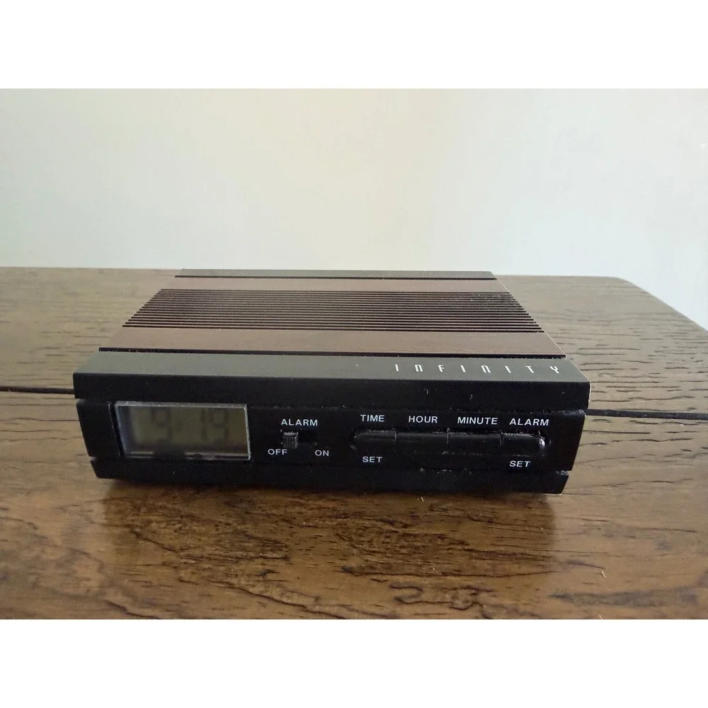 Infinity Alarm Clock Travel Digital Black Brown Good Faux Wood Grain Compact